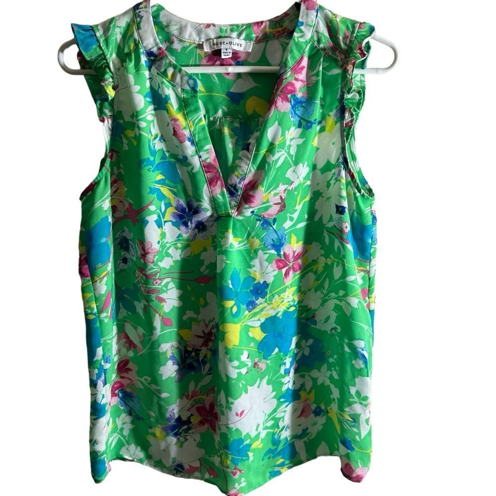 Rose & Olive Spring Green Floral Sleeveless Lightweight Blouse Size Small